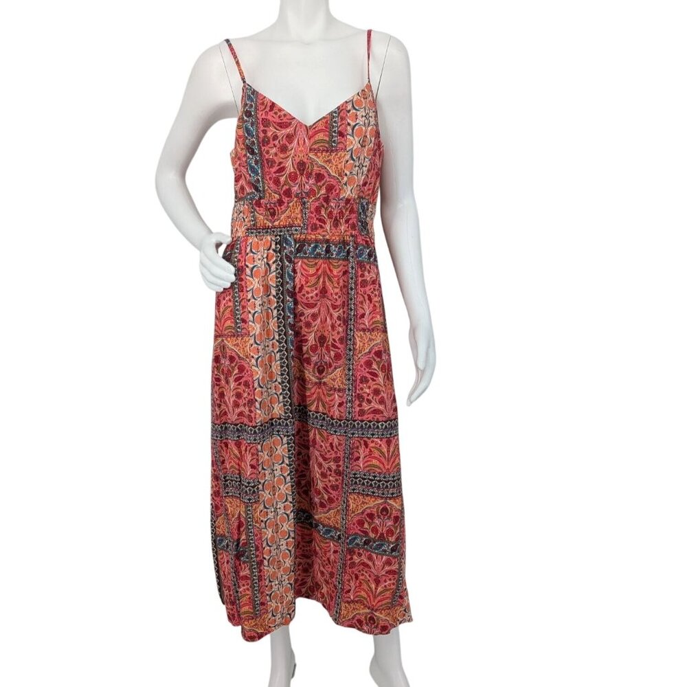 Old Navy Patchwork Midi Dress Boho Spaghetti Strap Floral Resort Art Size L Tall